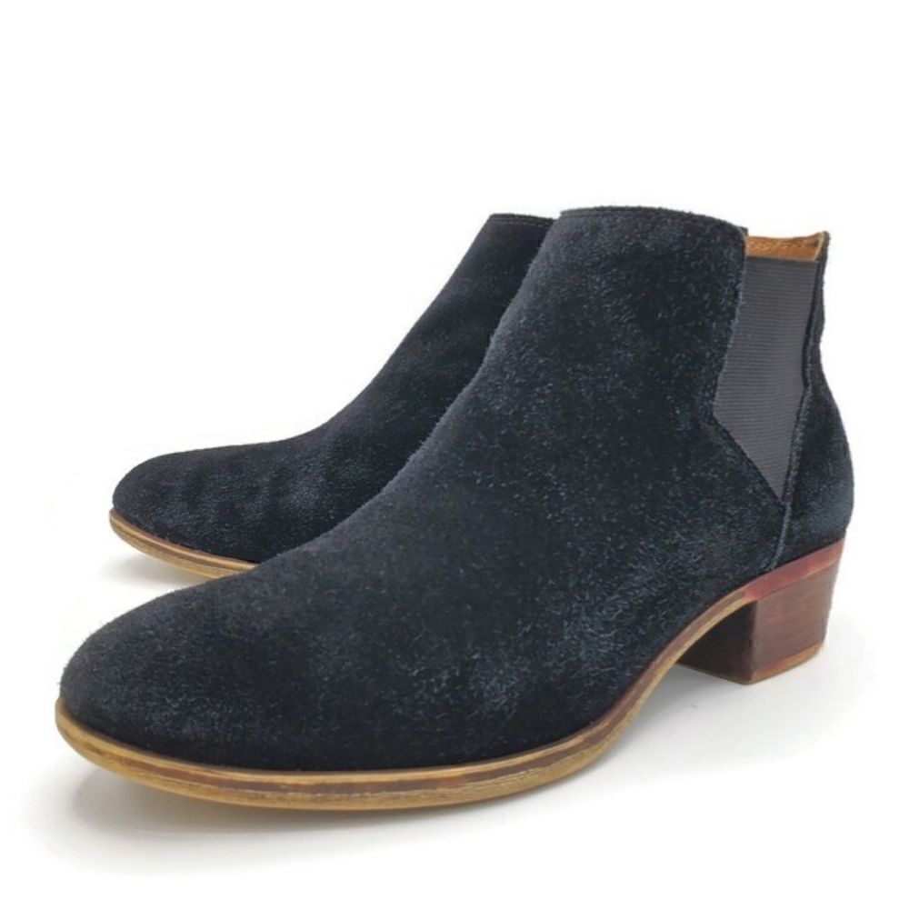 Lucky Brand Bellamy Black Suede Pull-On Almond-Toe Low Block Heel Ankle Boots